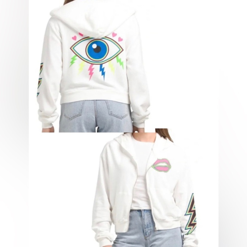Lauren Moshi  Lachelle Zip Front Lightning Eye White Hoodie